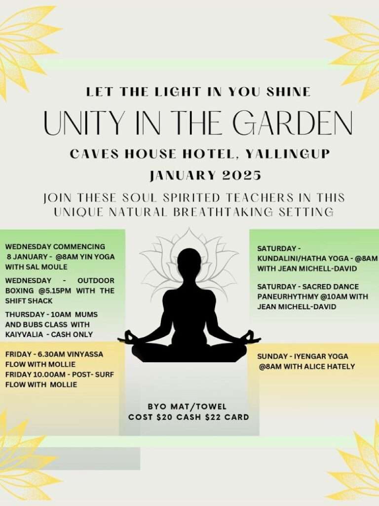 January yoga classes in the gardens at Caves House Hotel Yallingup